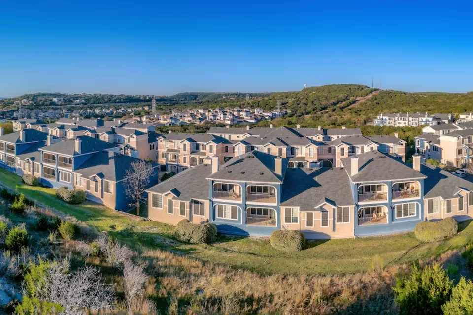 Neighborhood of large houses in suburban Austin, Texas.